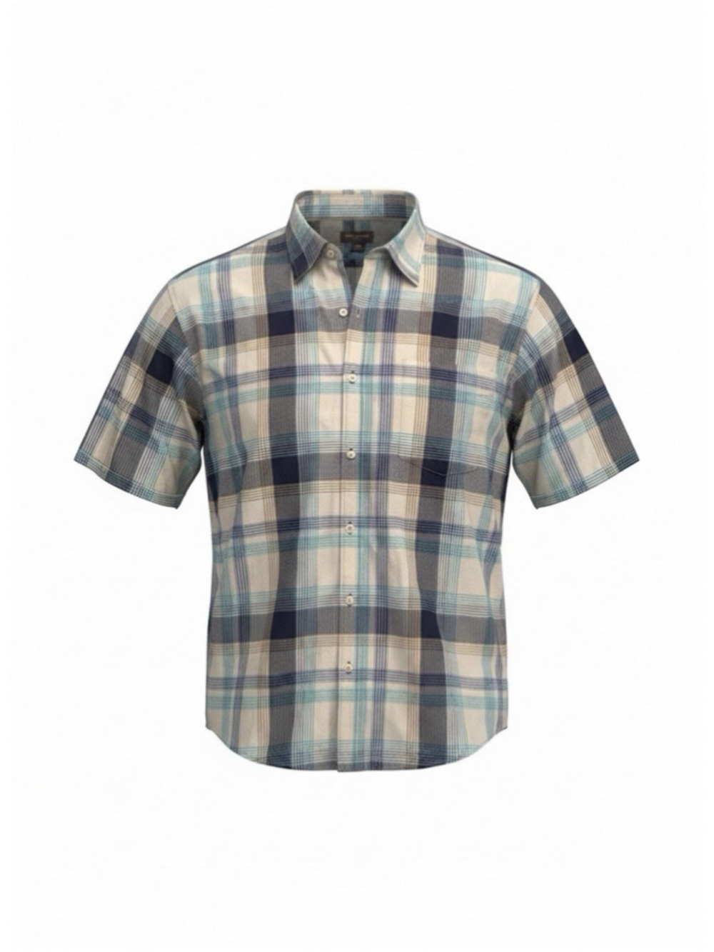 Van Heusen Mens XXL Short Sleeve Plaid Button Up Shirt Blue Beige Pocket Casual